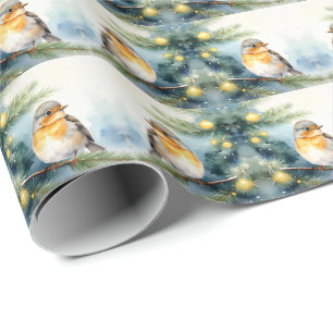 Wasserfarben-Rotkehlchen auf einem Kiefernzweig-Fe Geschenkpapier