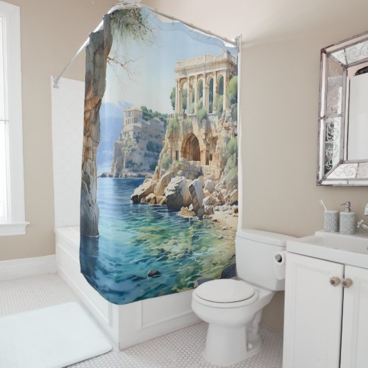 Wasserfarben Ruinen der griechischen Küste Duschvorhang (Beispiel)