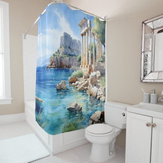 Wasserfarben Ruinen der griechischen Küste Duschvorhang (Beispiel)