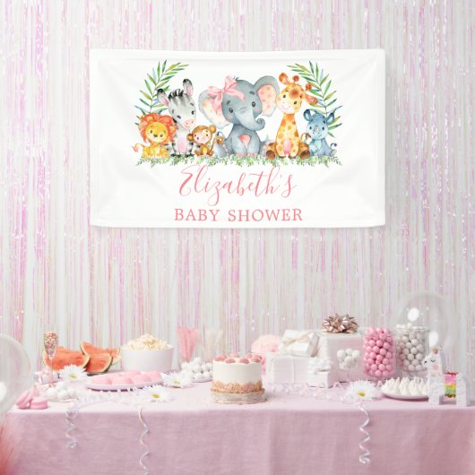 Wasserfarben Safari Tiere Pink Bow Baby Dusche Banner (Party)