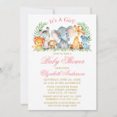 Wasserfarben Safari Tiere Pink Script Baby Dusche Einladung (Vorderseite)