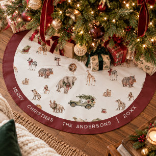Wasserfarben-Safari-Weihnachts-Tiermuster Polyester Weihnachtsbaumdecke
