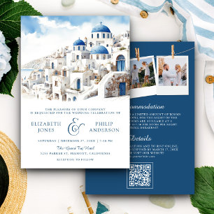 Wasserfarben Santorini Griechenland QR-Code Hochze Einladung