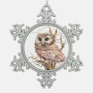 Wasserfarben Sau Whet Owl Bird Art Schneeflocken Zinn-Ornament