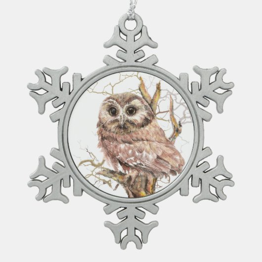 Wasserfarben Sau Whet Owl Bird Art Schneeflocken Zinn-Ornament (Vorderseite)