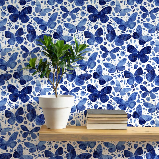Wasserfarben Schmetterling Blau und Weiß Kunst Tapete (Blue and white watercolor butterfly pattern peel and stick art wallpaper)