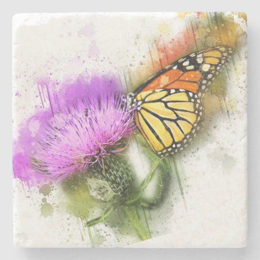 Wasserfarben-Schmetterling und Wildblume Steinuntersetzer (Vorderseite)