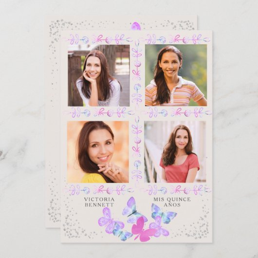 Wasserfarben-Schmetterlinge 4 Foto Quinceanera Einladung (Vorne/Hinten)