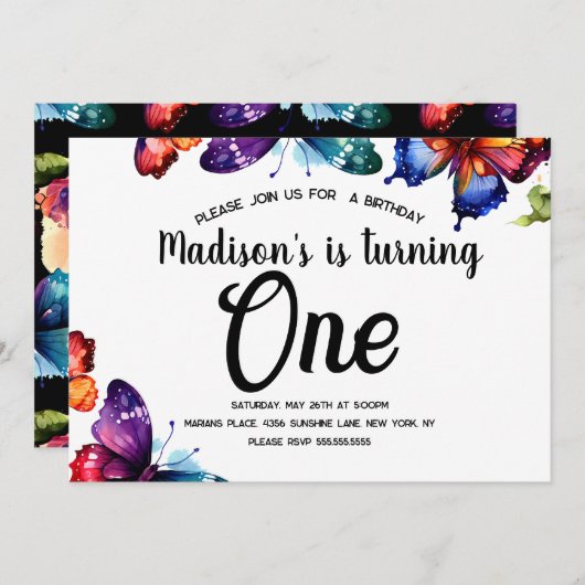 Wasserfarben Schmetterlinge farbenfroher Garten Ge Einladung (Vorne/Hinten)