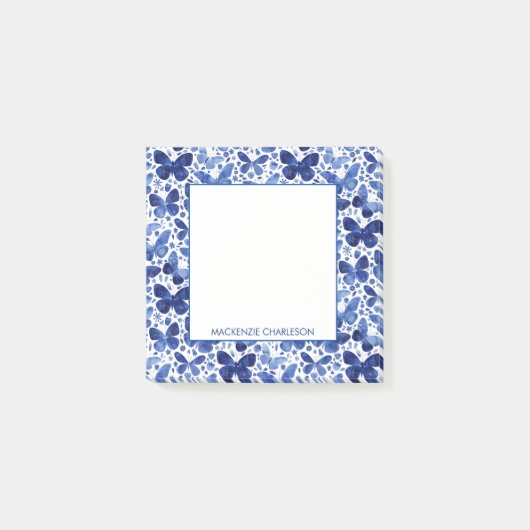 Wasserfarben Schmetterlingsmuster Blau Personalisi Post-it Klebezettel (Vorderseite)