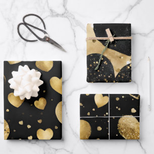 Wasserfarben Schwarz und Gold Tinte - Herz Geschenkpapier Set