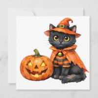 Wasserfarben-Schwarze Katze in Halloween-Kostüm 