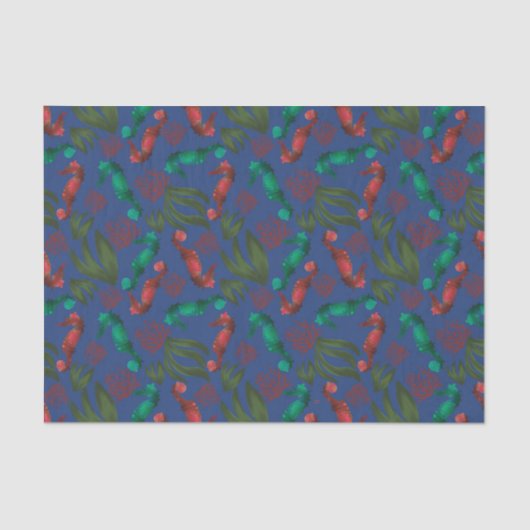 Wasserfarben-Seepferd Indigomuster Seidenpapier (Vorderseite)