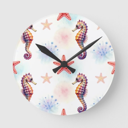 Wasserfarben-Seepferdchen-Seestern-Muster Runde Wanduhr (Vorderseite)