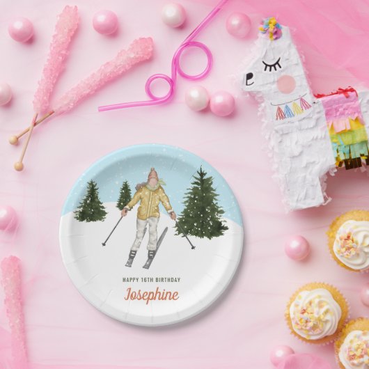 Wasserfarben Skifahrerin Mädchen Und Bäume Winter Pappteller (Party)
