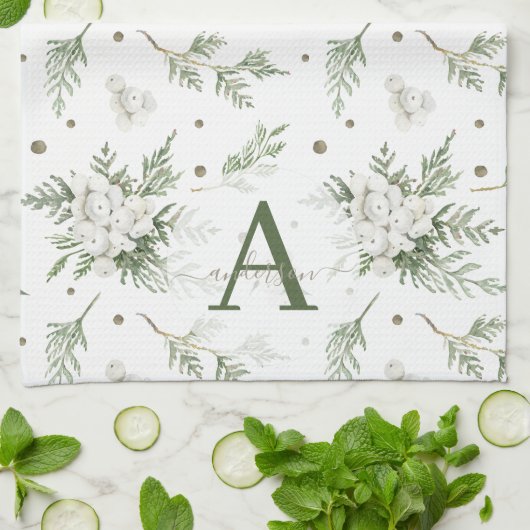 Wasserfarben Snowberry White Cedar Branch Weihnach Geschirrtuch (Gefaltet)