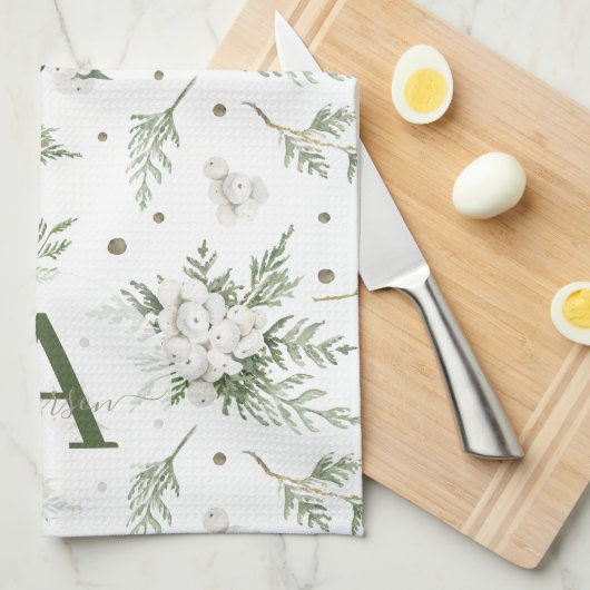 Wasserfarben Snowberry White Cedar Branch Weihnach Geschirrtuch (Viertel Falte)