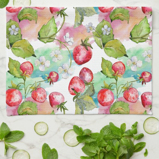 Wasserfarben Sommer Erdbeermuster Geschirrtuch (Gefaltet)