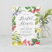 Wasserfarben Sommerfrüchte Blumengebäck Brautparty Einladung (Stehend Vorderseite)