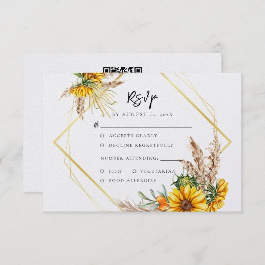 Wasserfarben Sonnenblume Rustikaler QR-Code Hochze RSVP Karte (Vorne/Hinten)