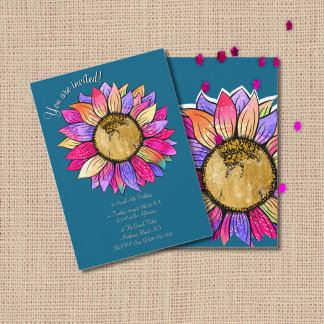 Wasserfarben-Sonnenblumen-Blumen-Teal-Pink-Geburts Einladung