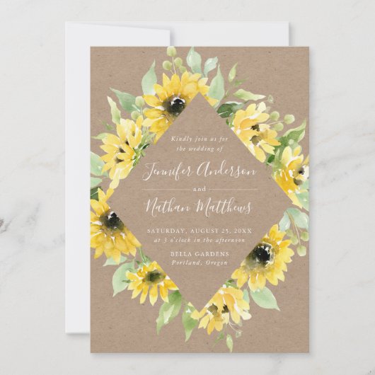 Wasserfarben Sonnenblumen Blumenrahmen Rustikale H Einladung (Vorderseite)