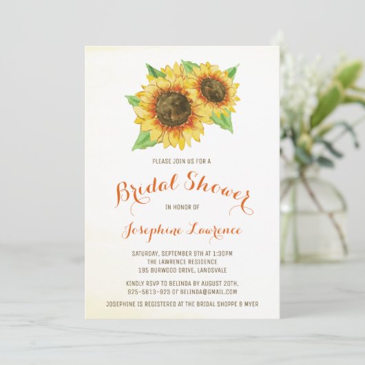 Wasserfarben Sonnenblumen Bridal Dusche Einladunge Einladung (Stehend Vorderseite)