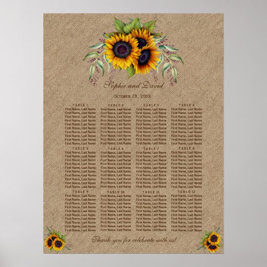 Wasserfarben Sonnenblumen Burla Hochzeitstabelle Poster (Vorne)