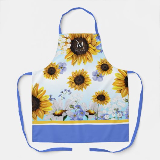 Wasserfarben Sonnenblumen Custom Monogram Schürze (Vorderseite)