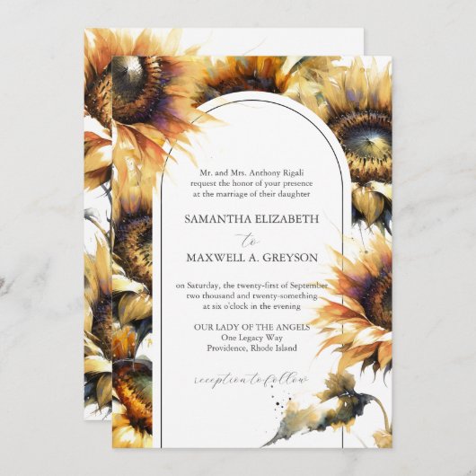 Wasserfarben Sonnenblumen Feierliche Hochzeitseinl Einladung (Vorne/Hinten)