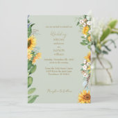 Wasserfarben Sonnenblumen Gold Text Sage Hochzeit Einladung (Stehend Vorderseite)