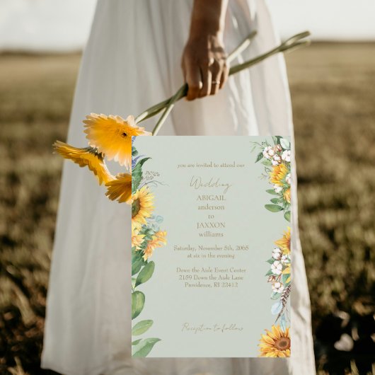 Wasserfarben Sonnenblumen Gold Text Sage Hochzeit Einladung
