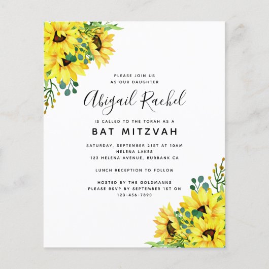 Wasserfarben Sonnenblumen Haushalt Bat Mitzvah Ein (Vorderseite)