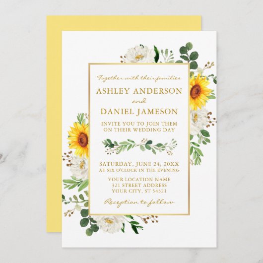 Wasserfarben Sonnenblumen Weiße Blütengoldblüte Ho Einladung (Vorne/Hinten)