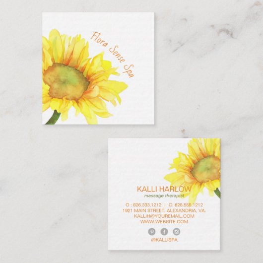 Wasserfarben Sonnenblumenblume Wellness-Center Quadratische Visitenkarte (Vorne/Hinten)