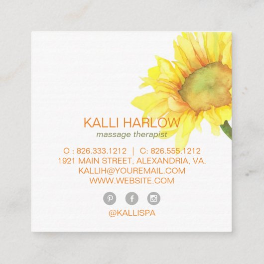 Wasserfarben Sonnenblumenblume Wellness-Center Quadratische Visitenkarte (Rückseite)