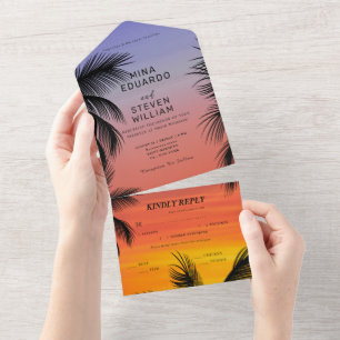 Wasserfarben-Sonnenuntergang-Palm-Strand-Hochzeit All In One Einladung