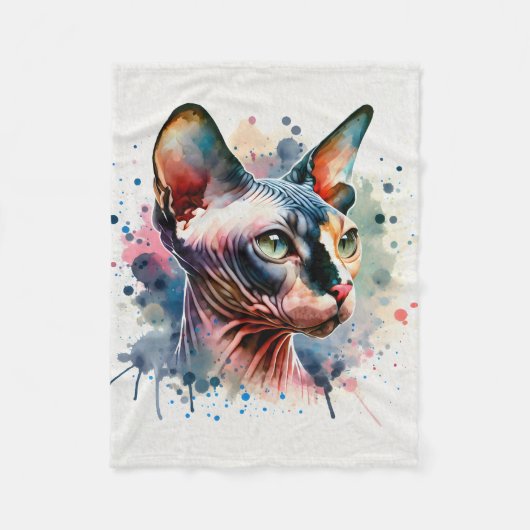 Wasserfarben-Sphynx-Katze Künstliches Portrait Fleecedecke (Vorderseite)