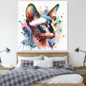 Wasserfarben-Sphynx-Katze Künstliches Portrait Leinwanddruck (Insitu (Schlafzimmer))