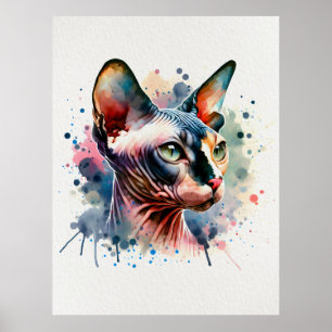 Wasserfarben-Sphynx-Katze Künstliches Portrait Poster
