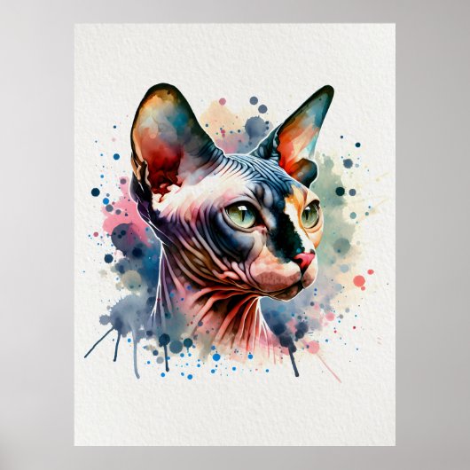 Wasserfarben-Sphynx-Katze Künstliches Portrait Poster (Vorne)