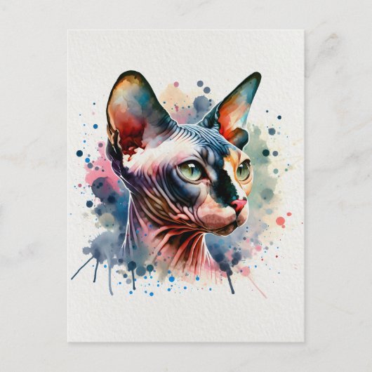 Wasserfarben-Sphynx-Katze Künstliches Portrait Postkarte (Vorderseite)