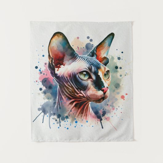 Wasserfarben-Sphynx-Katze Künstliches Portrait Wandteppich (Vorderseite)