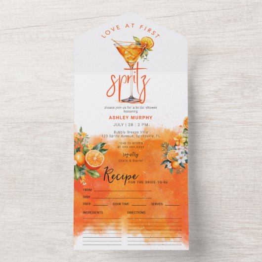 Wasserfarben Spritz Orange Blume Brautparty All In One Einladung (Innen Boden)