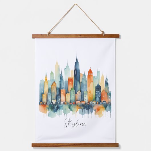 Wasserfarben Stadt Skyline Modernes Stadtbild Wandteppich Mit Holzrahmen (Vorderseite)