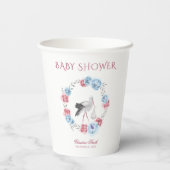 Wasserfarben Storch Blau und Blütenrosa Blumenrest Pappbecher (Rückseite)