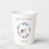 Wasserfarben Storch Blau und Blütenrosa Blumenrest Pappbecher (Vorderseite)