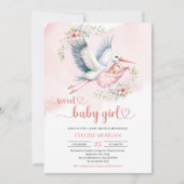 Wasserfarben Storchengeburt Mädchen pink bläserne Einladung (Vorderseite)