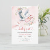 Wasserfarben Storchengeburt Mädchen pink bläserne  Einladung (Stehend Vorderseite)