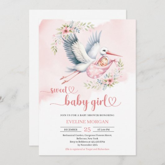 Wasserfarben Storchengeburt Mädchen pink bläserne  Einladung (Vorne/Hinten)